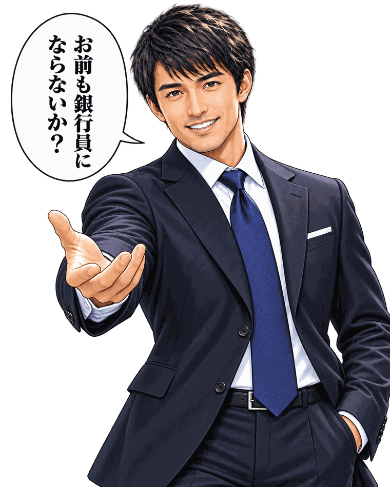 スーツの銀行員が手を差し出し、「お前も銀行員にならないか？」と話しかけている
