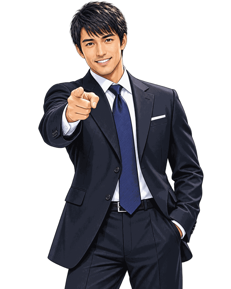 スーツの銀行員が笑いながら正面を指差している