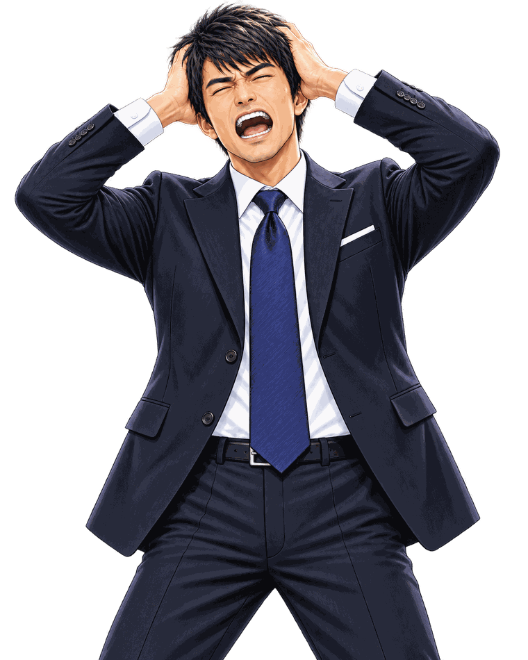 スーツの銀行員が頭を抱えて叫んでいる